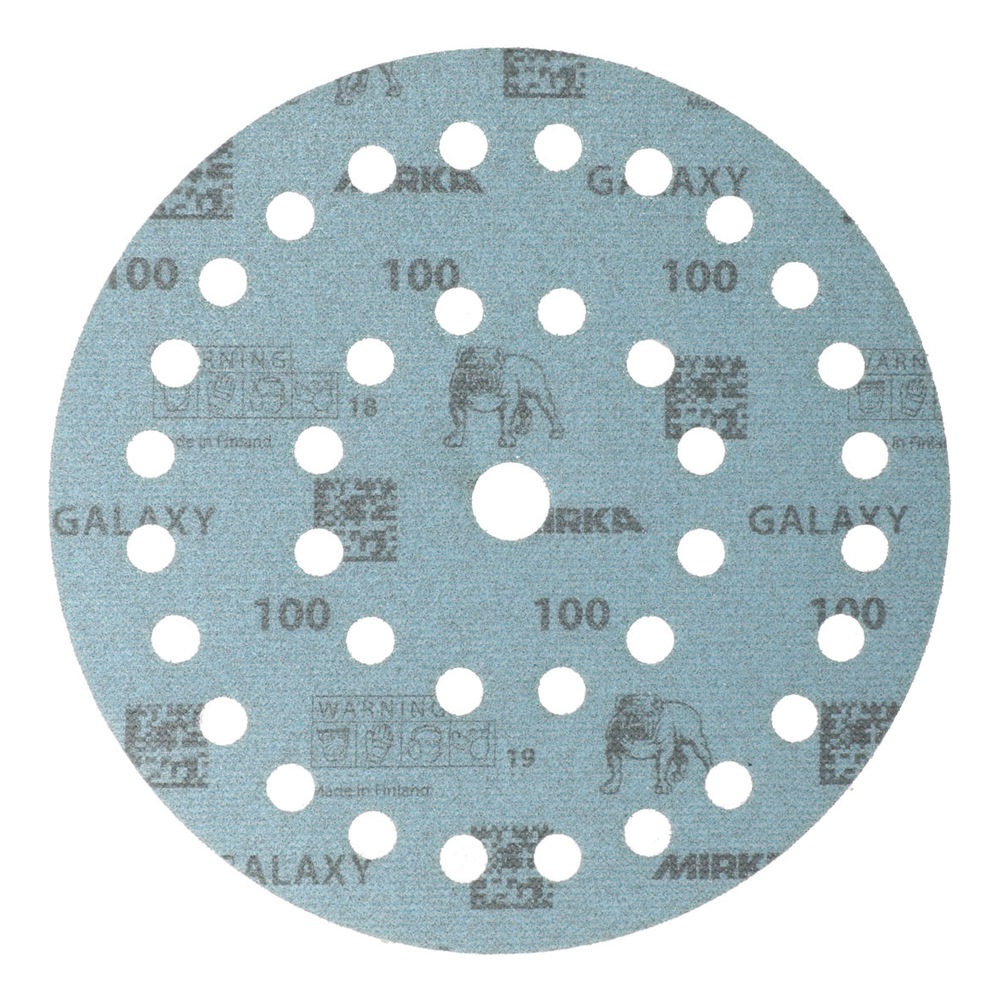 Close-up of a blue round sanding disc with many holes and printed markings