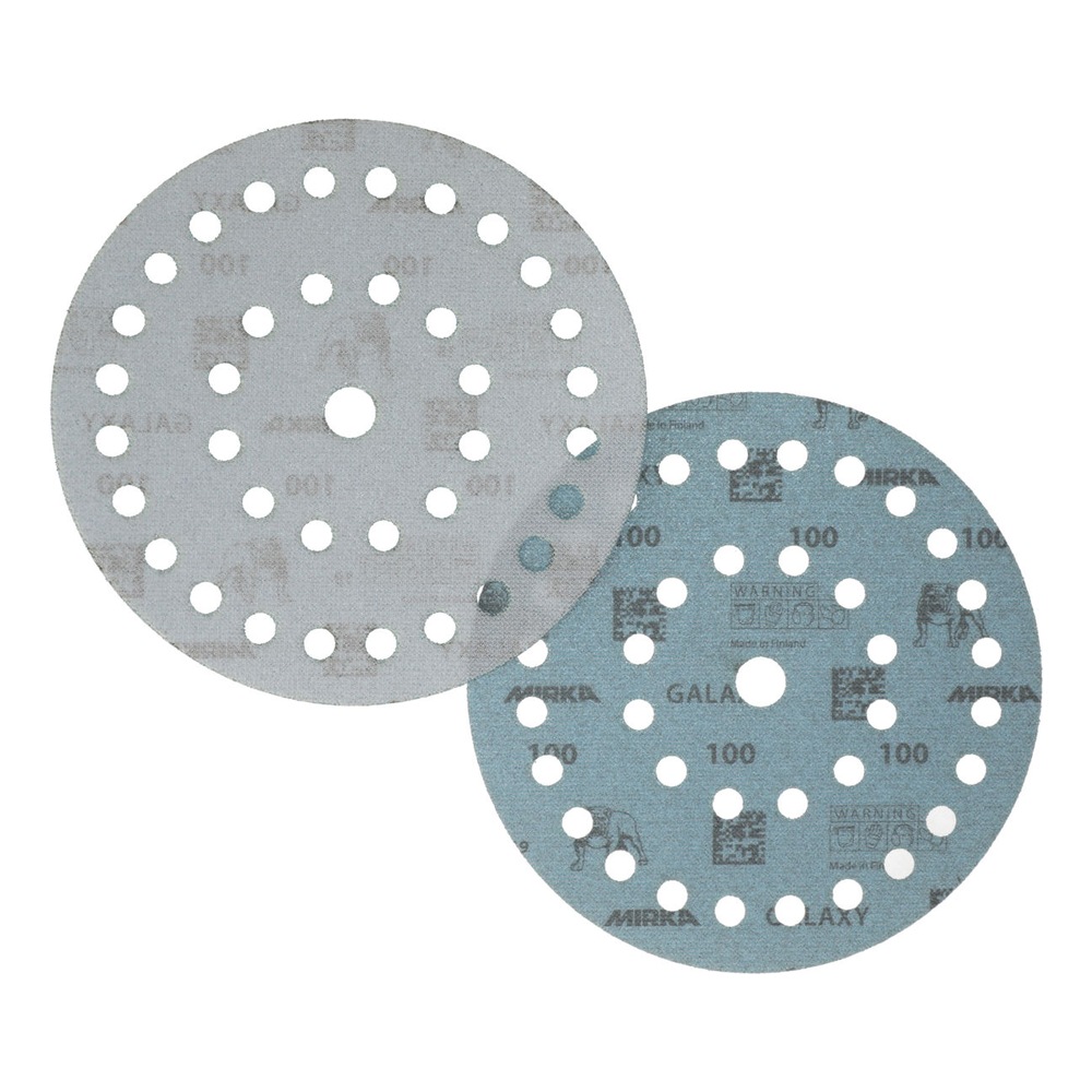 Two round perforated sanding discs, one gray and one blue, overlapping