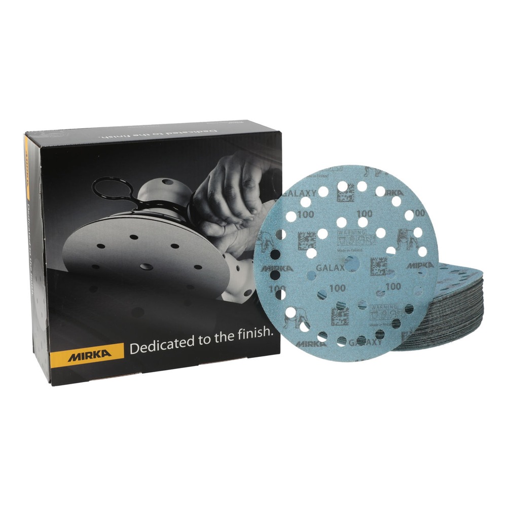 Black product box with a blue perforated sanding disc and a stack of discs