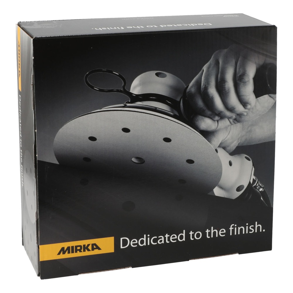 Front of a black product box with a photo of a perforated round sanding pad
