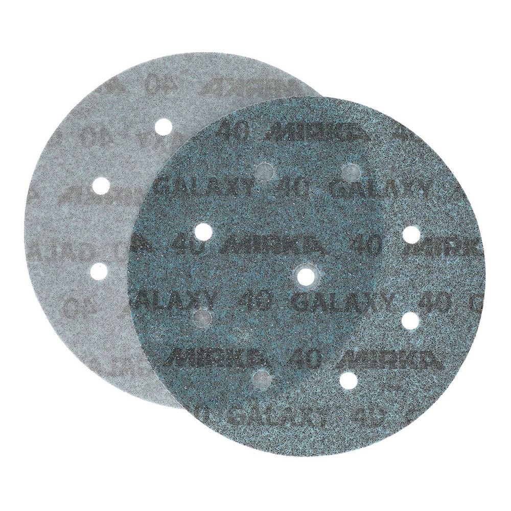 Two round perforated sanding discs, one light and one dark, overlapping