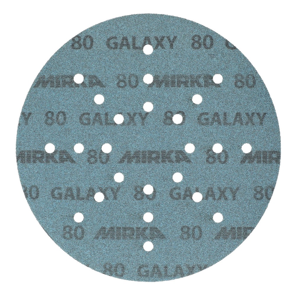 Close-up of a blue round sanding disc with many holes and repeated GALAXY