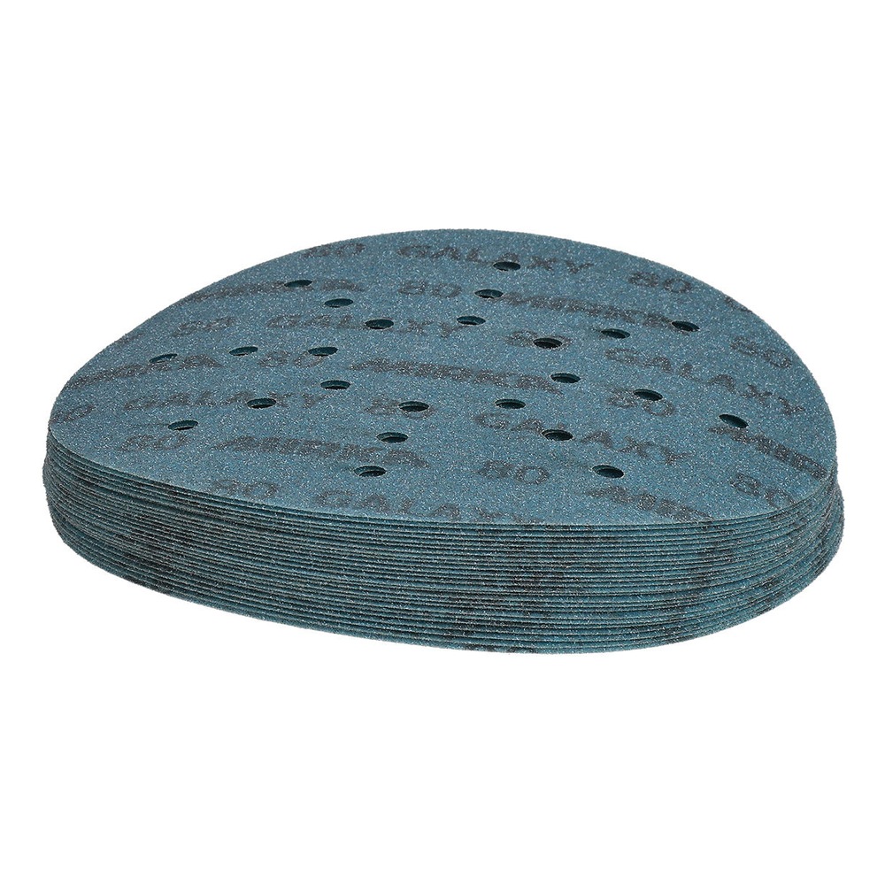 A stack of round blue-gray sanding discs, shown in an angled side view