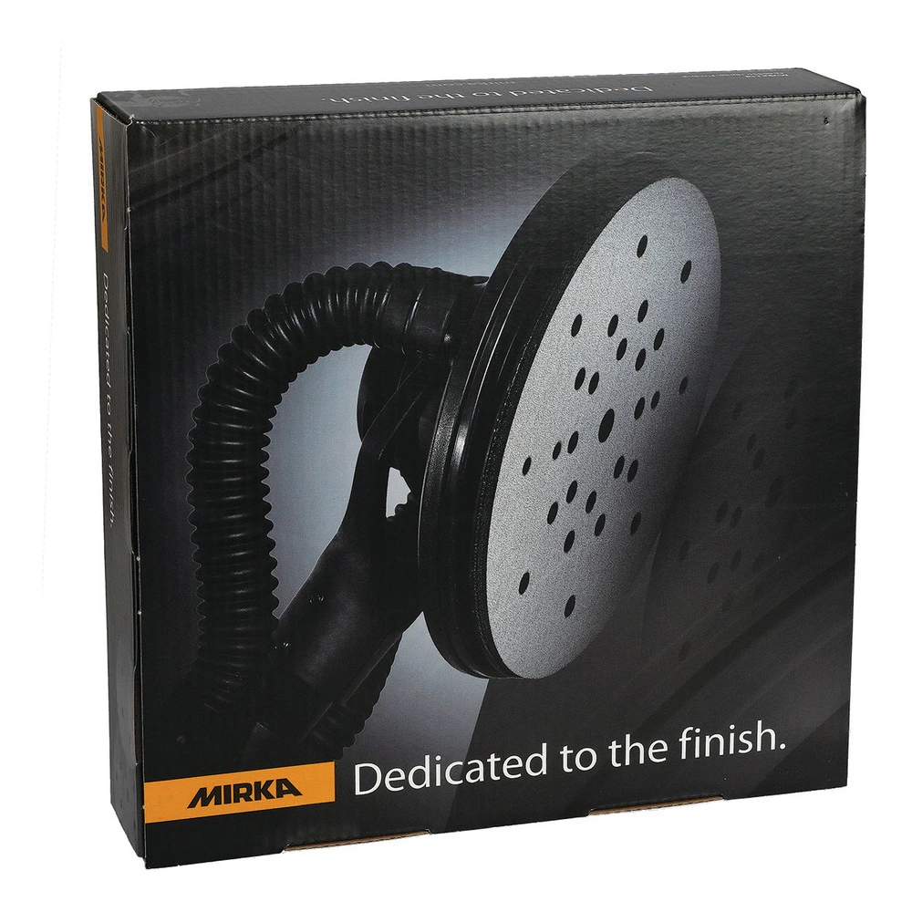 Black packaging box with a picture of a sanding disc and attached hose/tool