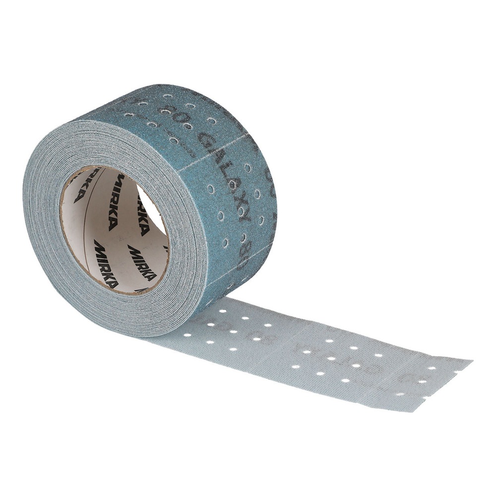 A light blue perforated sanding roll is shown rolled up on a white