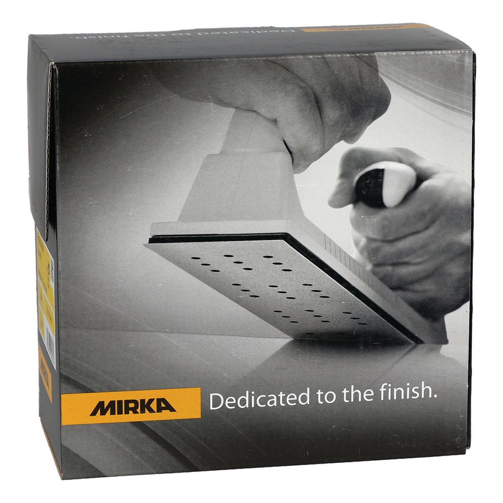 A black Mirka package box with a black-and-white photo of a hand sander