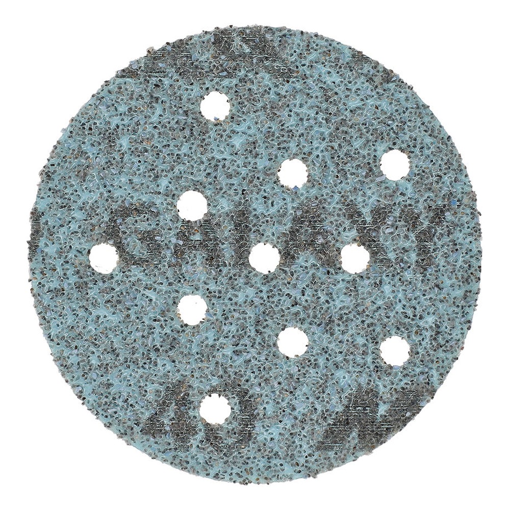 Front view of a round blue sanding disc with several dust holes on a white
