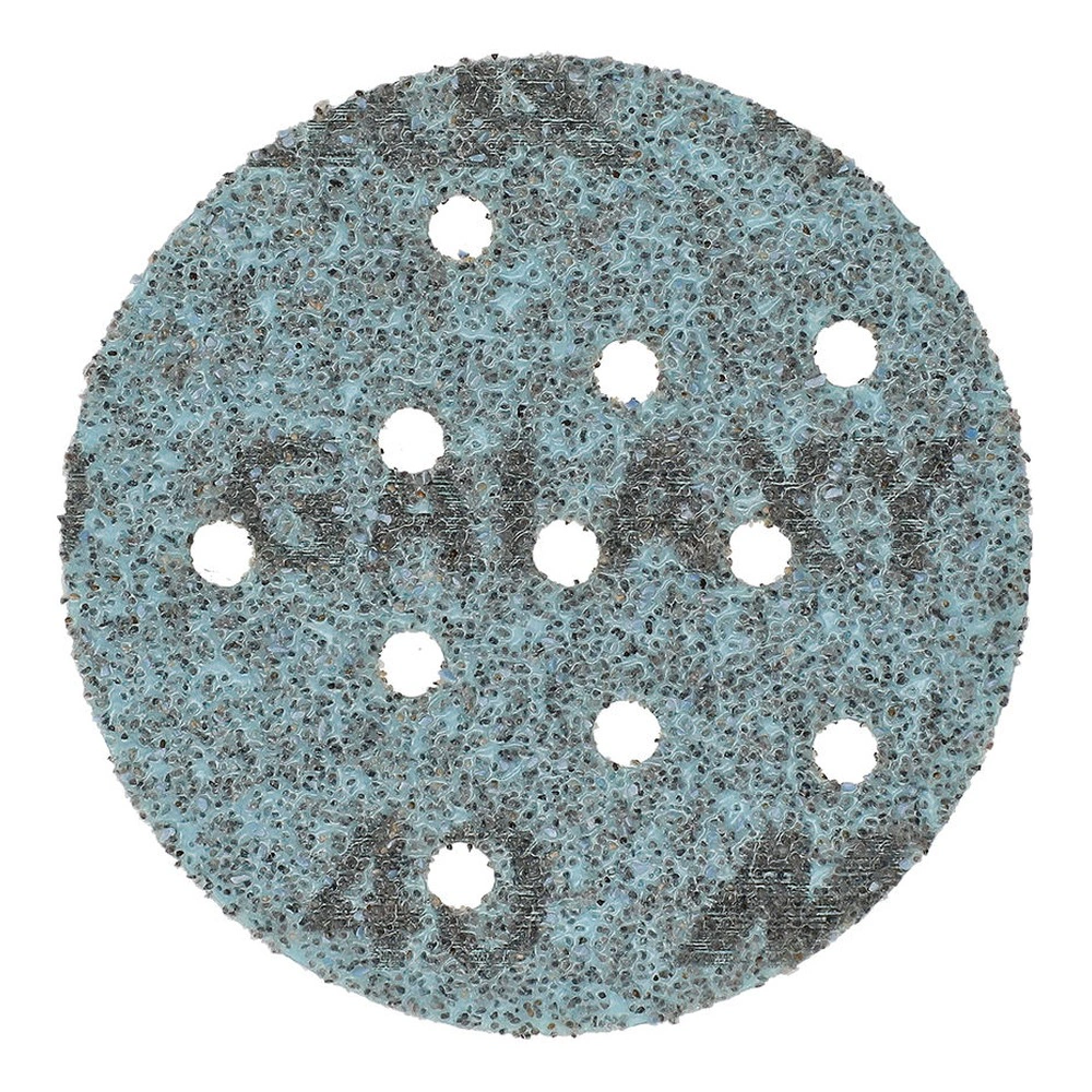 Front view of a round blue sanding disc with several dust holes on a white