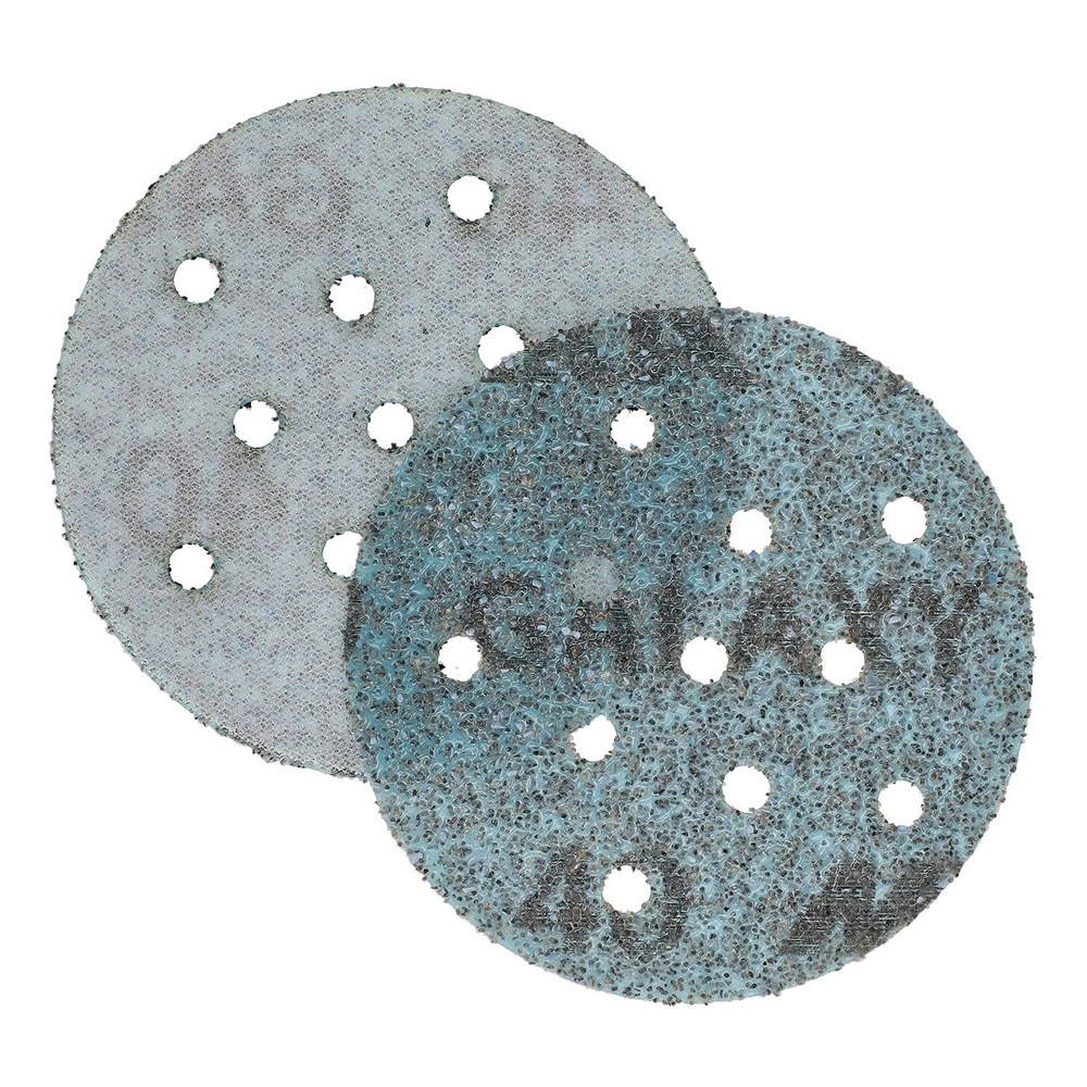Two overlapping perforated round sanding discs