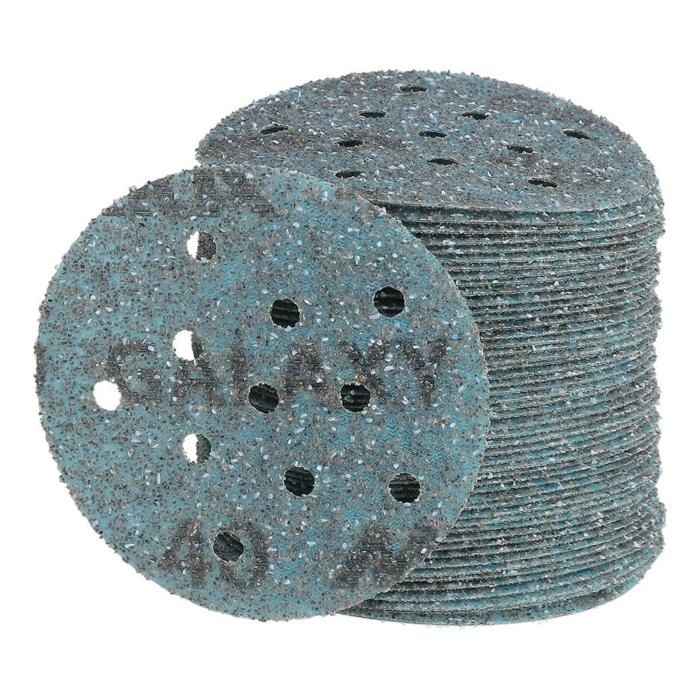 A stack of blue-green perforated round sanding discs, with one disc shown