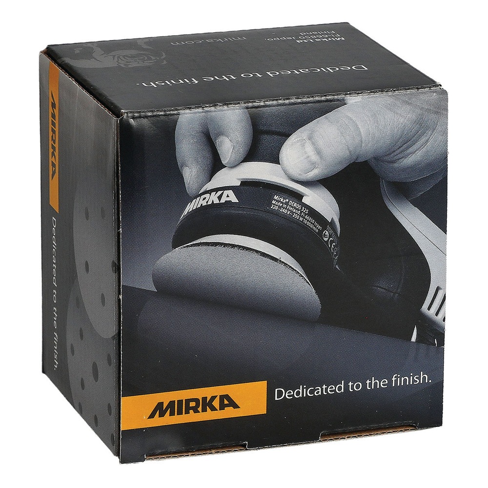 A Mirka-branded cardboard box with an image of a handheld sander and sanding