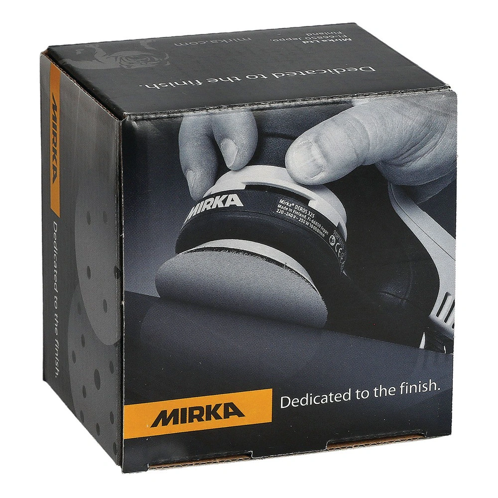 A Mirka-branded cardboard box with an image of a handheld sander and sanding