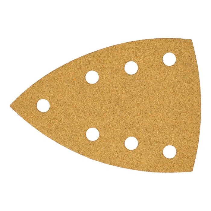 Triangular yellow-brown sanding sheet with seven visible holes on a white