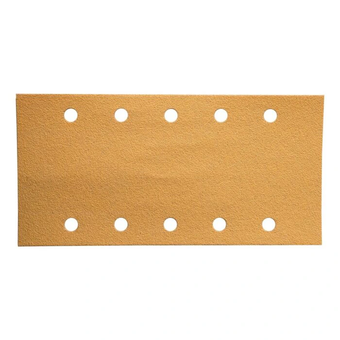 Rectangular gold sanding sheet with ten round holes, shown from the front