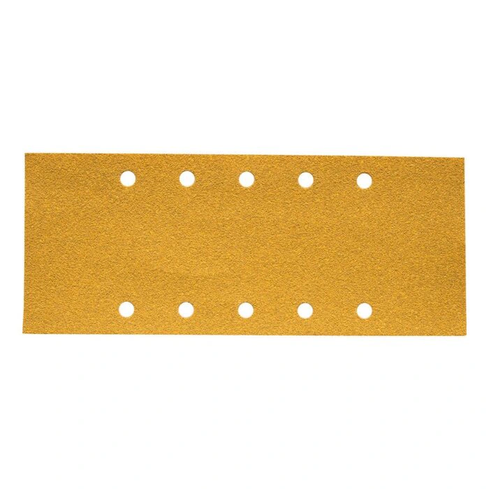 Rectangular gold sanding sheet with ten round holes, shown flat on a white