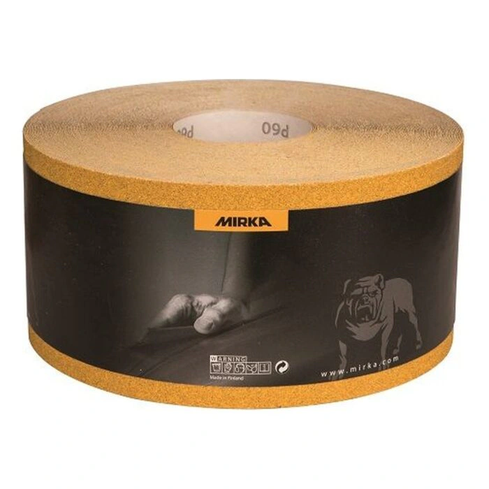 Gold sanding paper roll with a central core, wrapped in black Mirka
