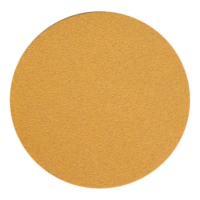 Round yellow-gold sanding disc, front view of a textured face without holes