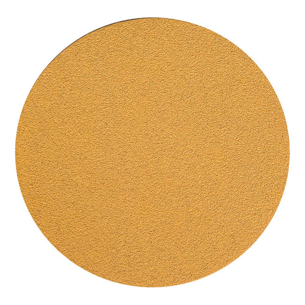 Round yellow-gold sanding disc, front view of a textured face without holes