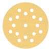 A round yellow sanding disc with dust-extraction holes, shown front-on
