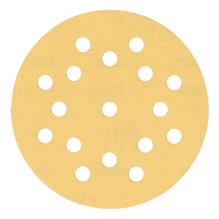A round yellow sanding disc with dust-extraction holes, shown front-on