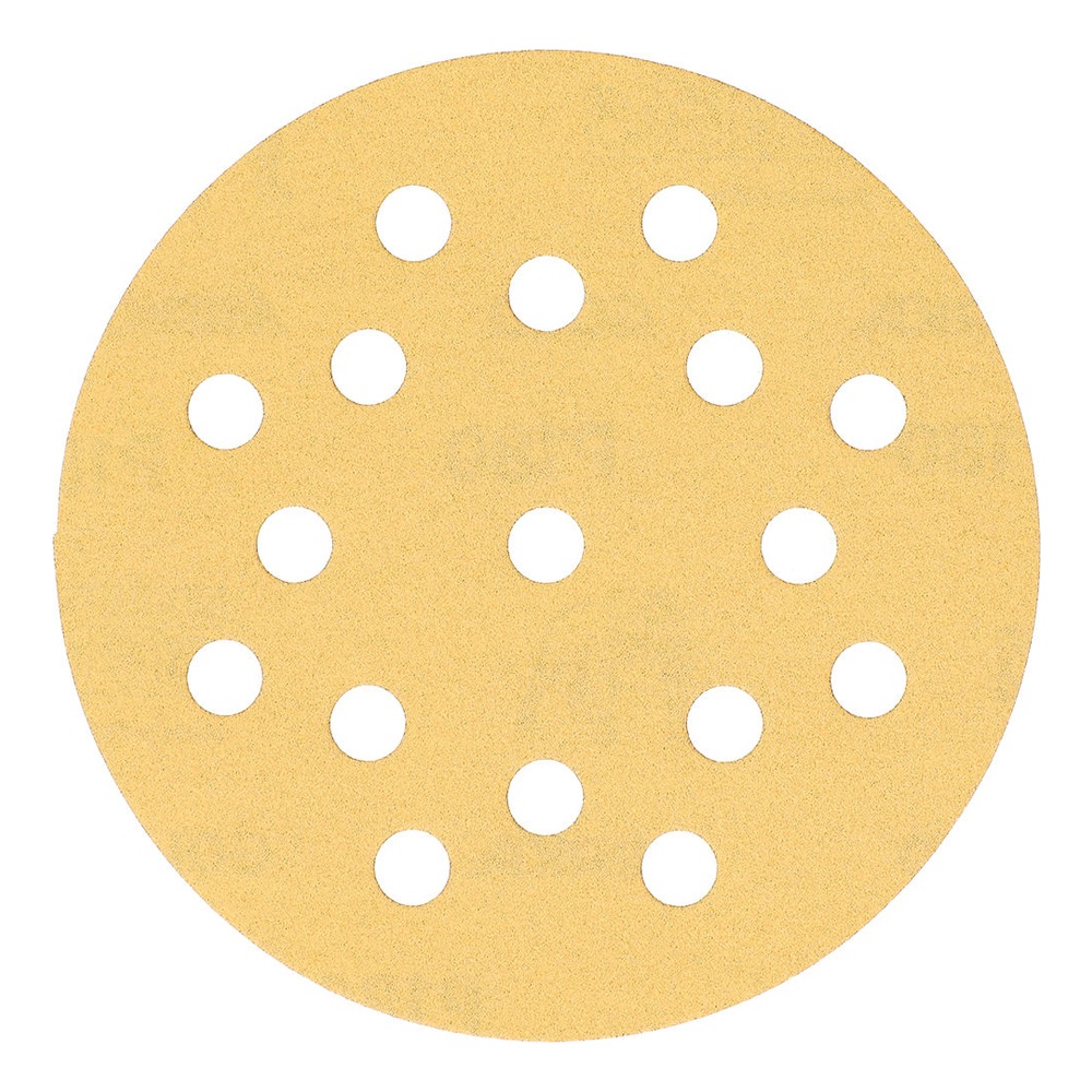 A round yellow sanding disc with dust-extraction holes, shown front-on