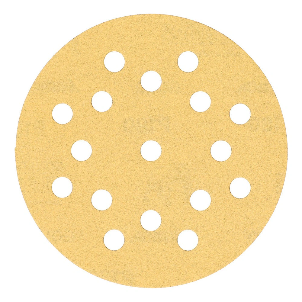 A round yellow sanding disc with dust-extraction holes, shown front-on