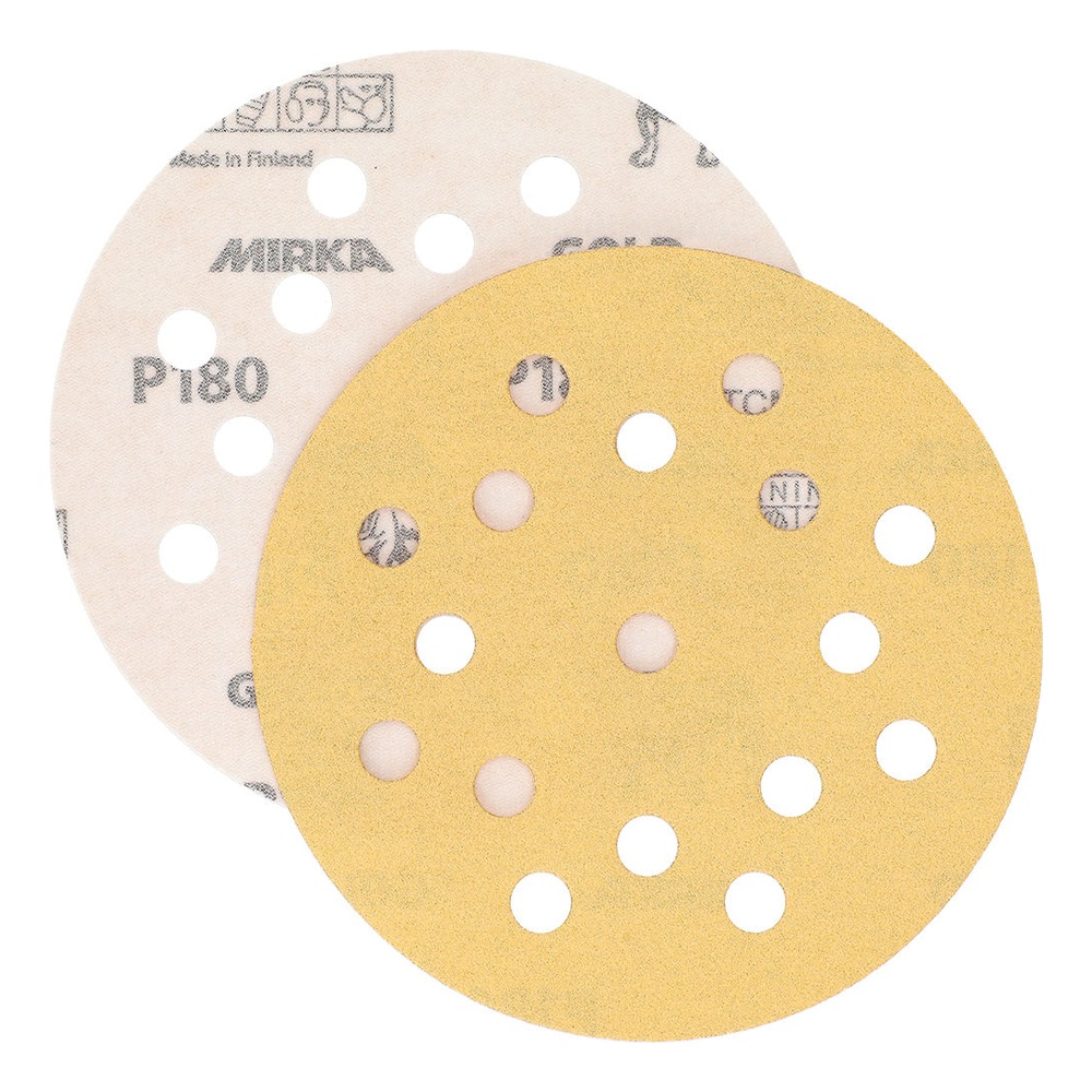 Two overlapping sanding discs, one yellow and one light-colored, both