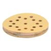 Stack of round yellow sanding discs with suction holes, angled side view