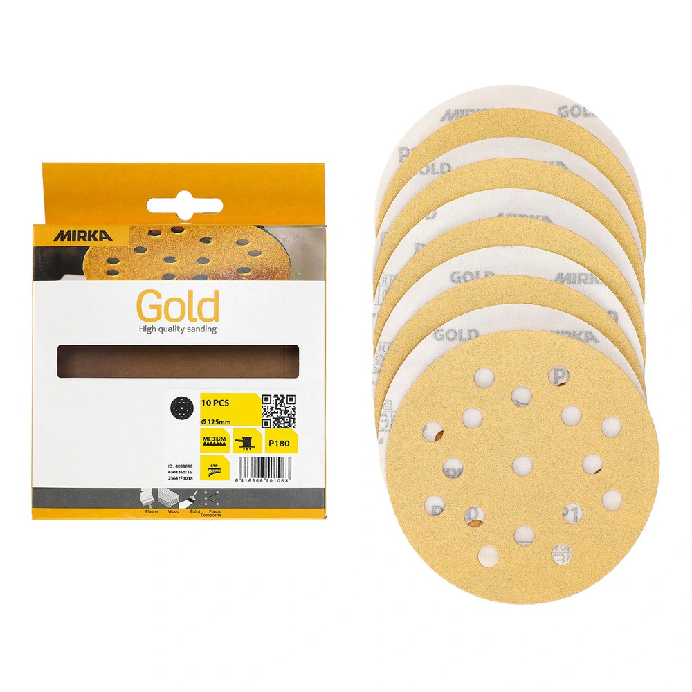 A boxed pack of sanding discs beside a stack of perforated round discs