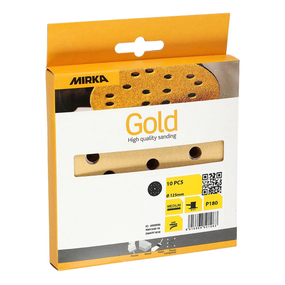 Yellow-and-white cardboard package for sanding discs, with a window showing