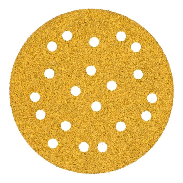 A round yellow-brown sanding disc with dust-extraction holes, shown front-on