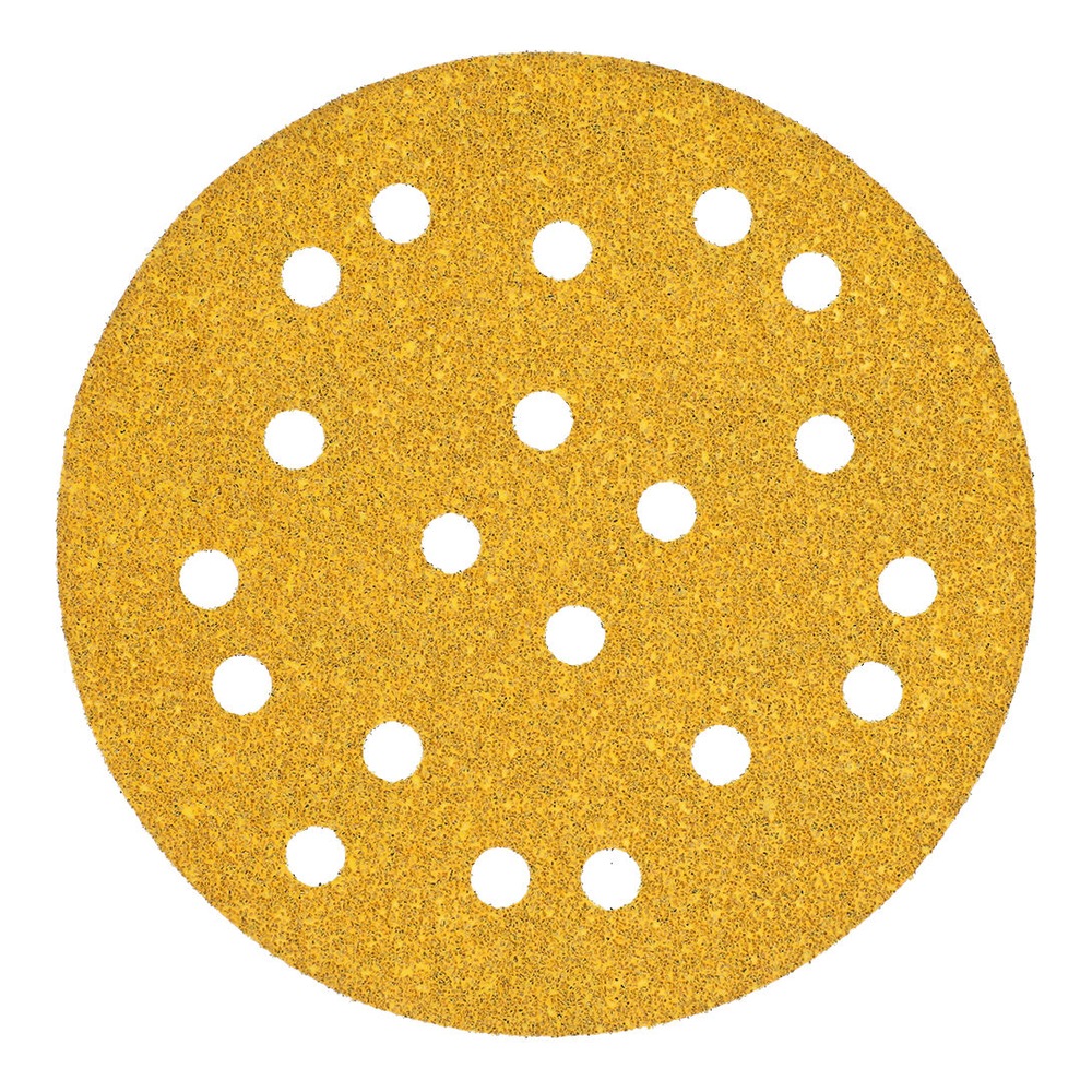 A round yellow-brown sanding disc with dust-extraction holes, shown front-on