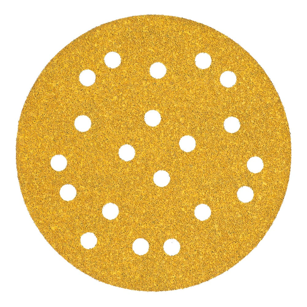 A round yellow-brown sanding disc with dust-extraction holes, shown front-on