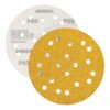 Two perforated round sanding discs, one white and one yellow, overlapping