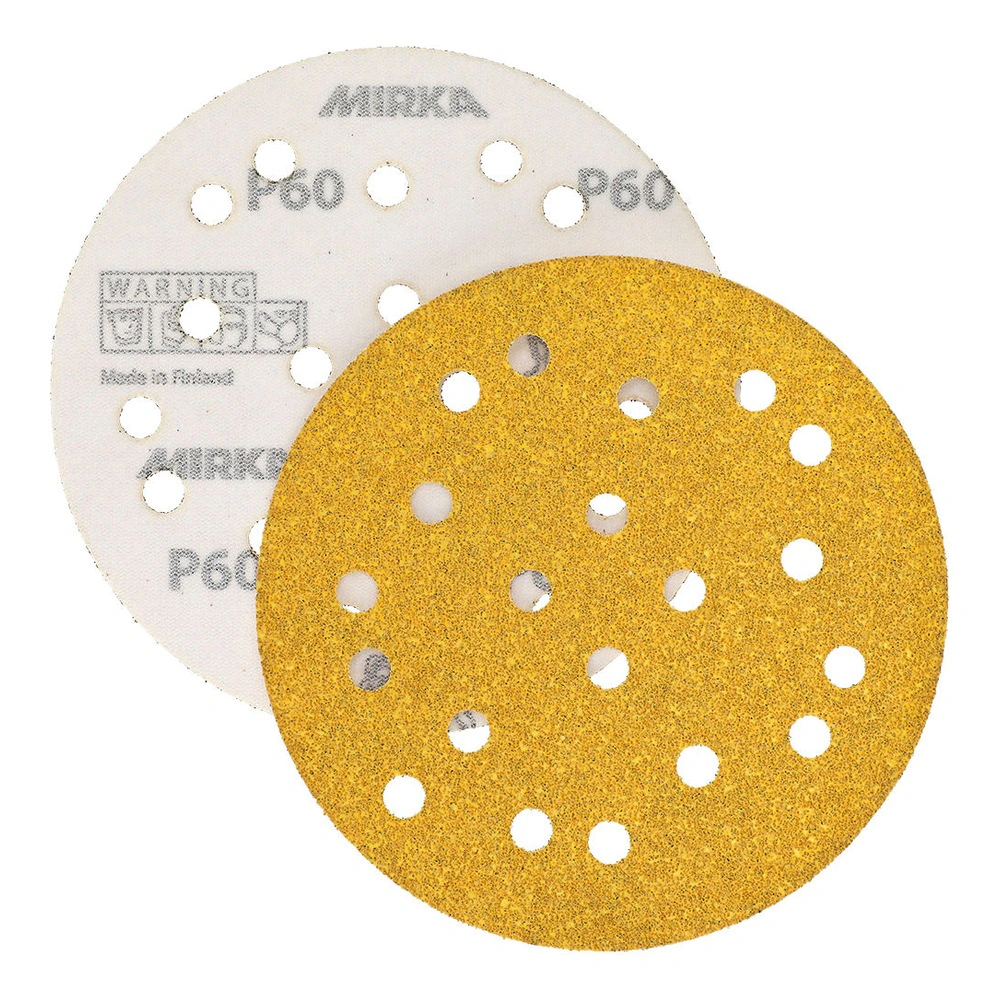 Two perforated round sanding discs, one white and one yellow, overlapping