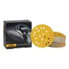 A black product box with an image of a hand holding a sander, next
