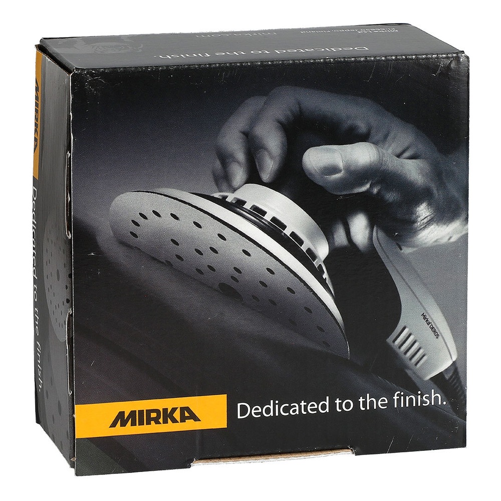 A black Mirka cardboard box, with a photo of a hand holding a sander