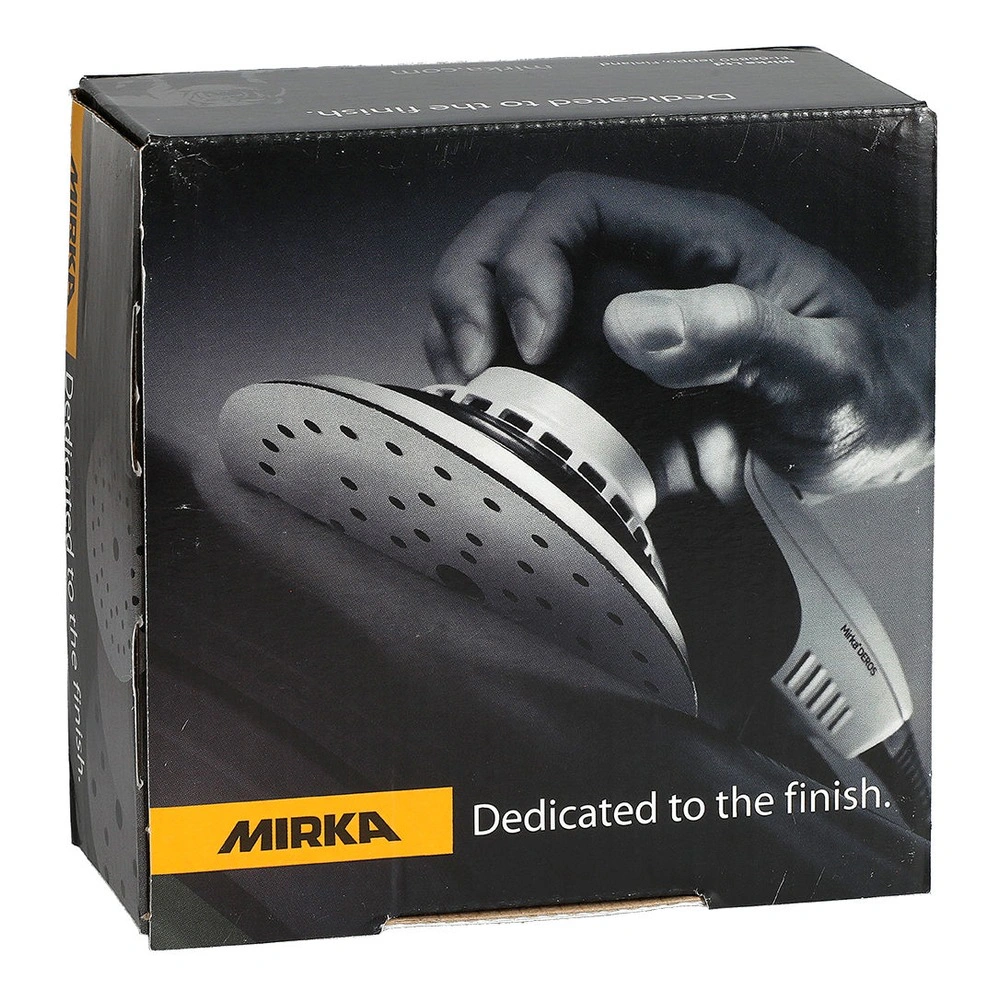 A black Mirka cardboard box, with a photo of a hand holding a sander