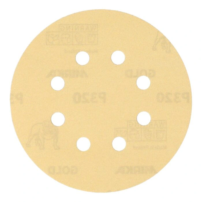 A pale yellow round sanding disc with eight holes, shown front-on on a white