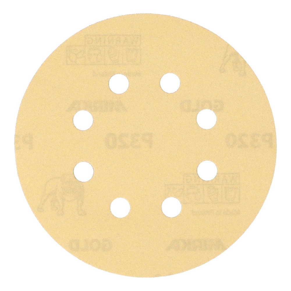 A pale yellow round sanding disc with eight holes, shown front-on on a white