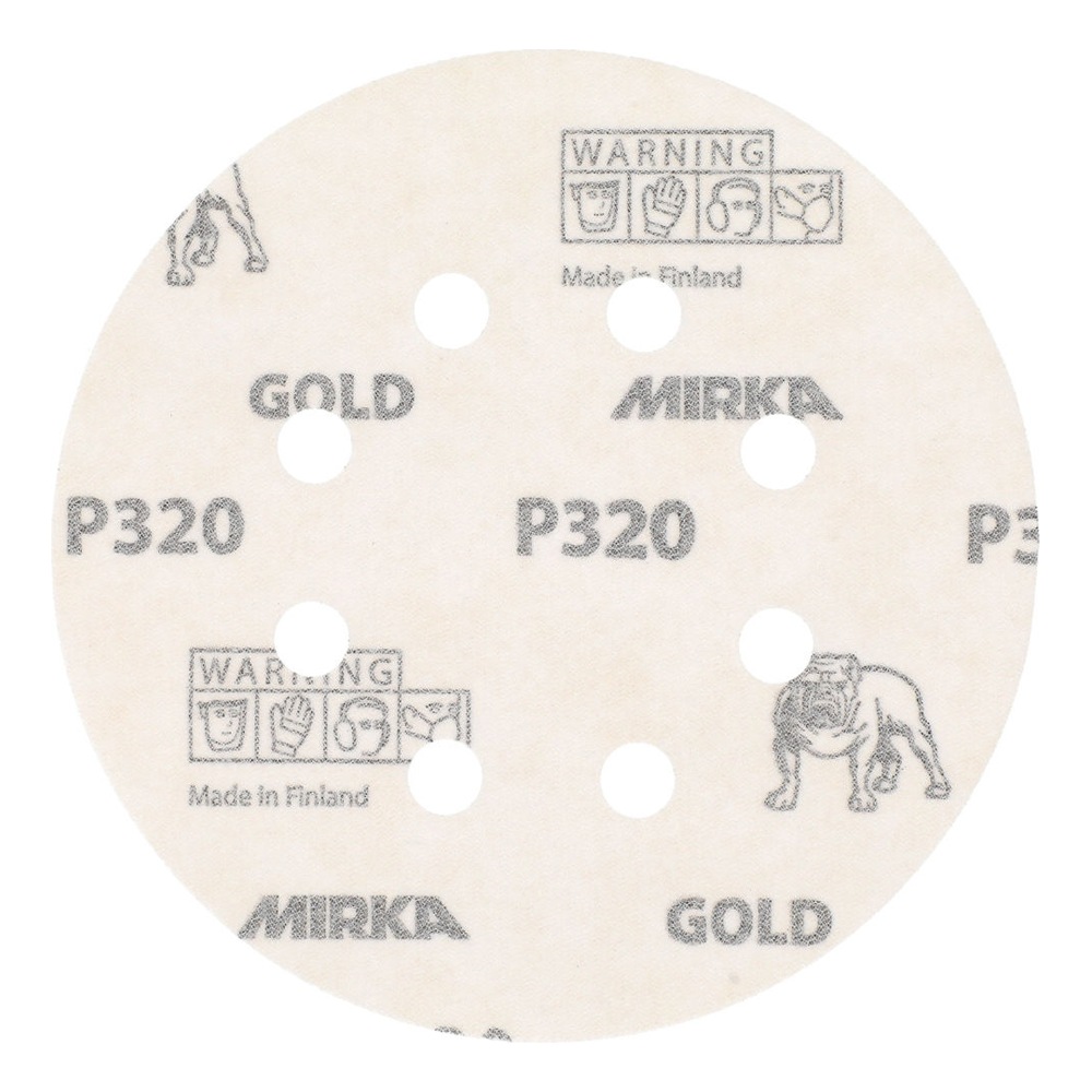 Close-up of a light-colored round sanding disc with multiple circular holes