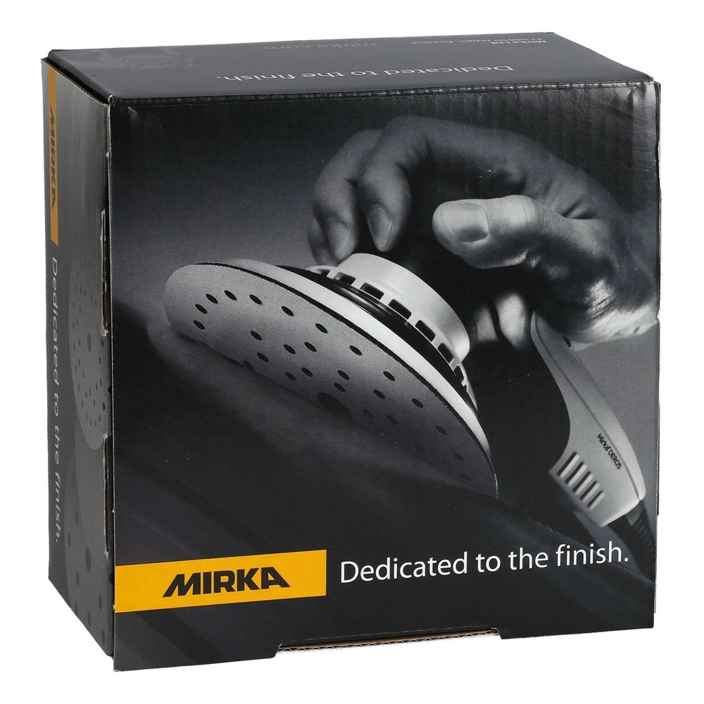 Black Mirka product box with a photo of a hand sander and a perforated disc