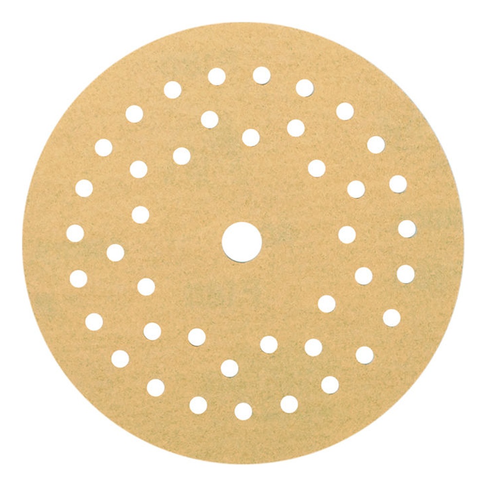 Round gold sanding disc with many holes arranged in rings and one center