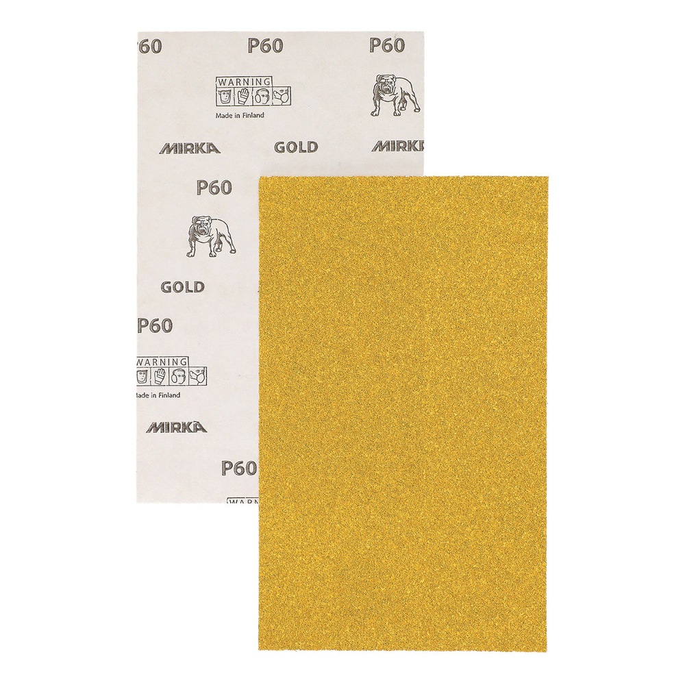 Two overlapping sanding sheets, one yellow-gold in front and one printed