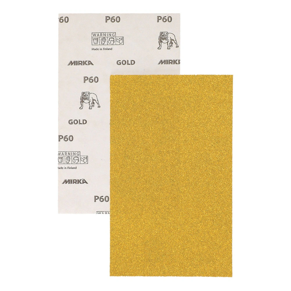 Two overlapping sanding sheets, one yellow-gold in front and one printed