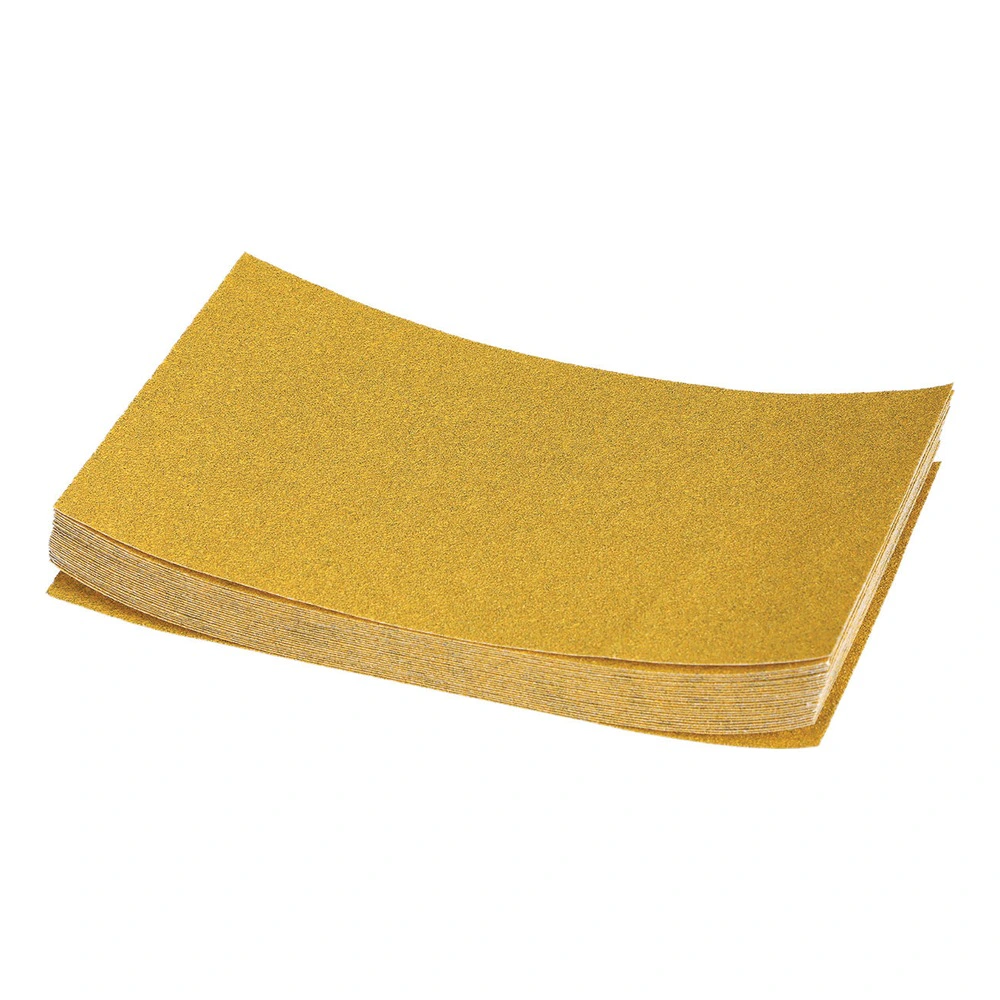 A stack of rectangular yellow sanding sheets on a white background, shown