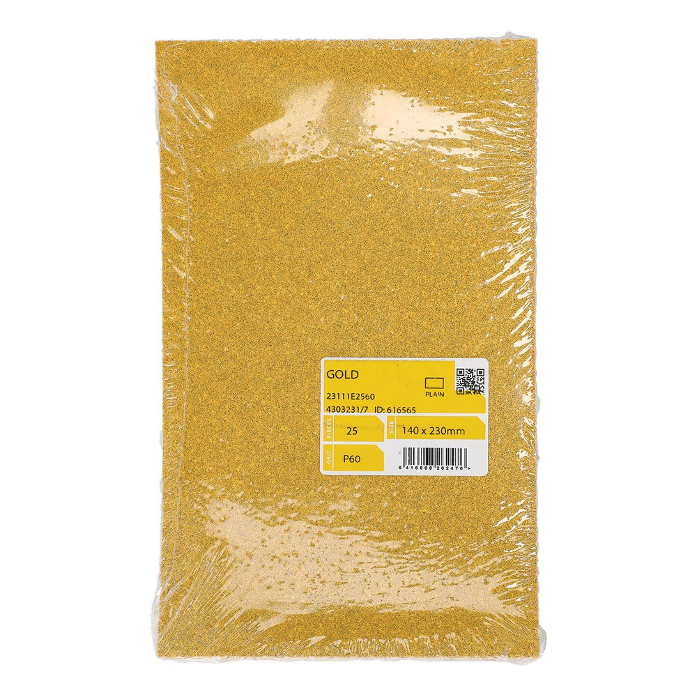 A wrapped yellow sanding-sheet pack, front view, with a small printed label