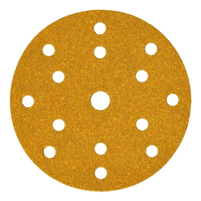 A round yellow sanding disc with suction holes, front view