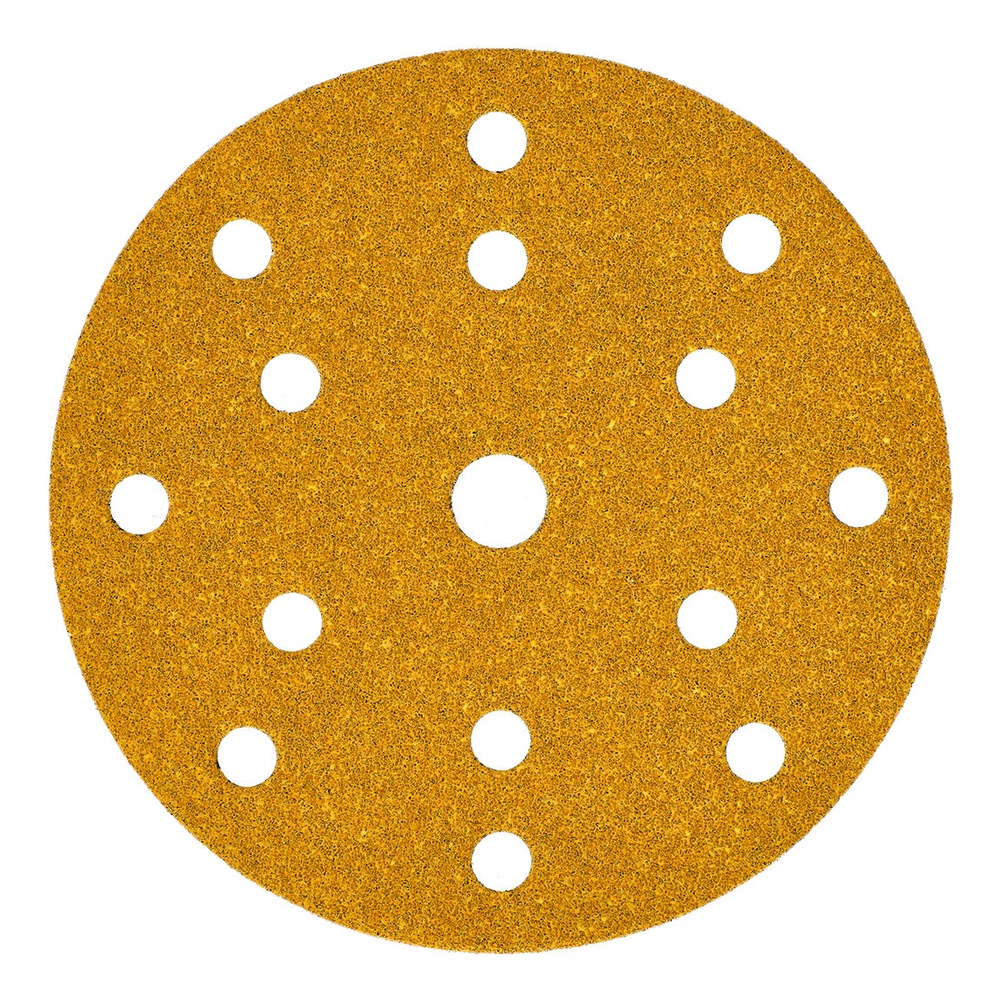 A round yellow sanding disc with suction holes, front view