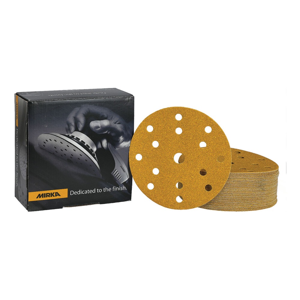 Black product box beside a stack of gold perforated sanding discs, front